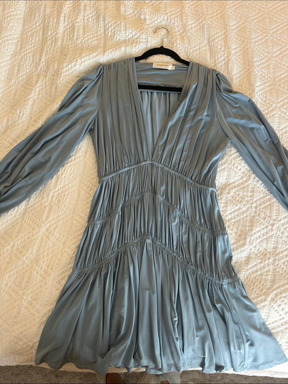 Zimmermann Dusty Blue Long Sleeve V-Neck Tiered Dress